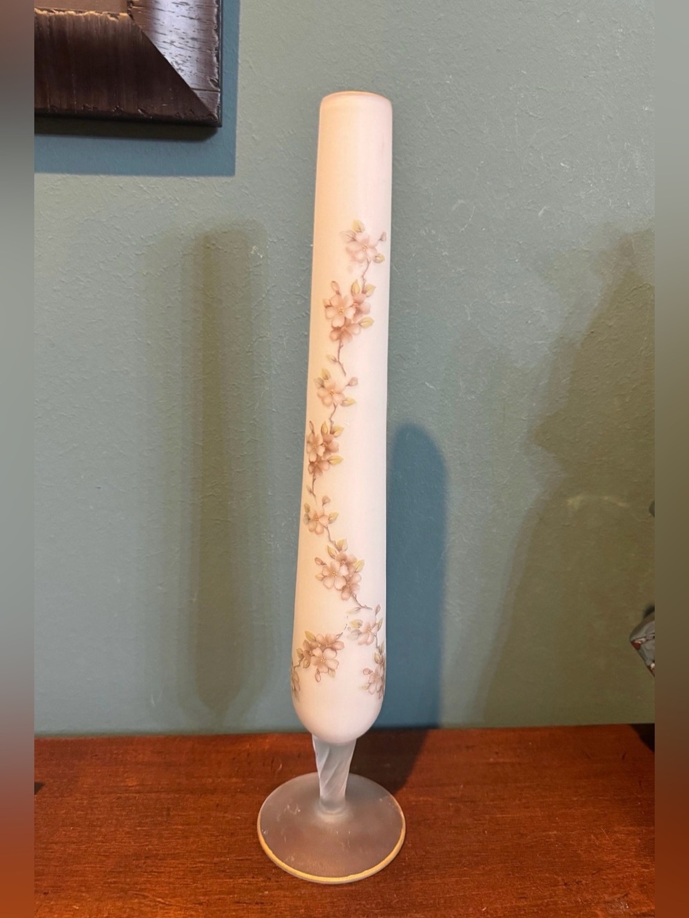 Vintage Norleans Italy Frosted Glass Footed Vase, Cherry Blossoms, gold 15” tall